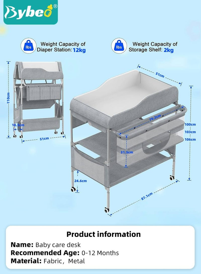 Baby Diaper Changing Table, Foldable Infant Diaper Station with Wheels, Nursery Organizer for Newborns, Babies Dresser Changing Table with Storage Rack, Strengthen Structure and 3 Adjustable Heights