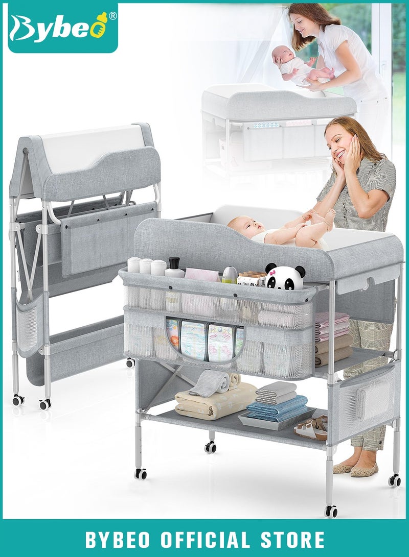 Baby Diaper Changing Table, Foldable Infant Diaper Station with Wheels, Nursery Organizer for Newborns, Babies Dresser Changing Table with Storage Rack, Strengthen Structure and 3 Adjustable Heights