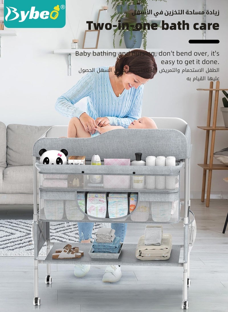 Baby Diaper Changing Table, Foldable Infant Diaper Station with Wheels, Nursery Organizer for Newborns, Babies Dresser Changing Table with Storage Rack, Strengthen Structure and 3 Adjustable Heights