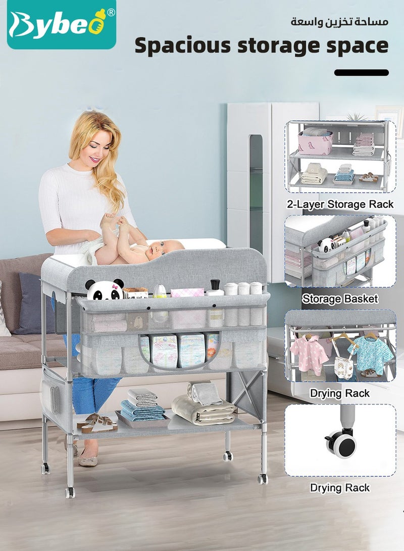 Baby Diaper Changing Table, Foldable Infant Diaper Station with Wheels, Nursery Organizer for Newborns, Babies Dresser Changing Table with Storage Rack, Strengthen Structure and 3 Adjustable Heights