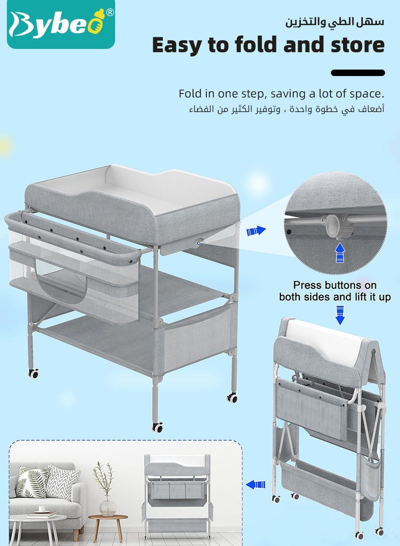 Baby Diaper Changing Table, Foldable Infant Diaper Station with Wheels, Nursery Organizer for Newborns, Babies Dresser Changing Table with Storage Rack, Strengthen Structure and 3 Adjustable Heights