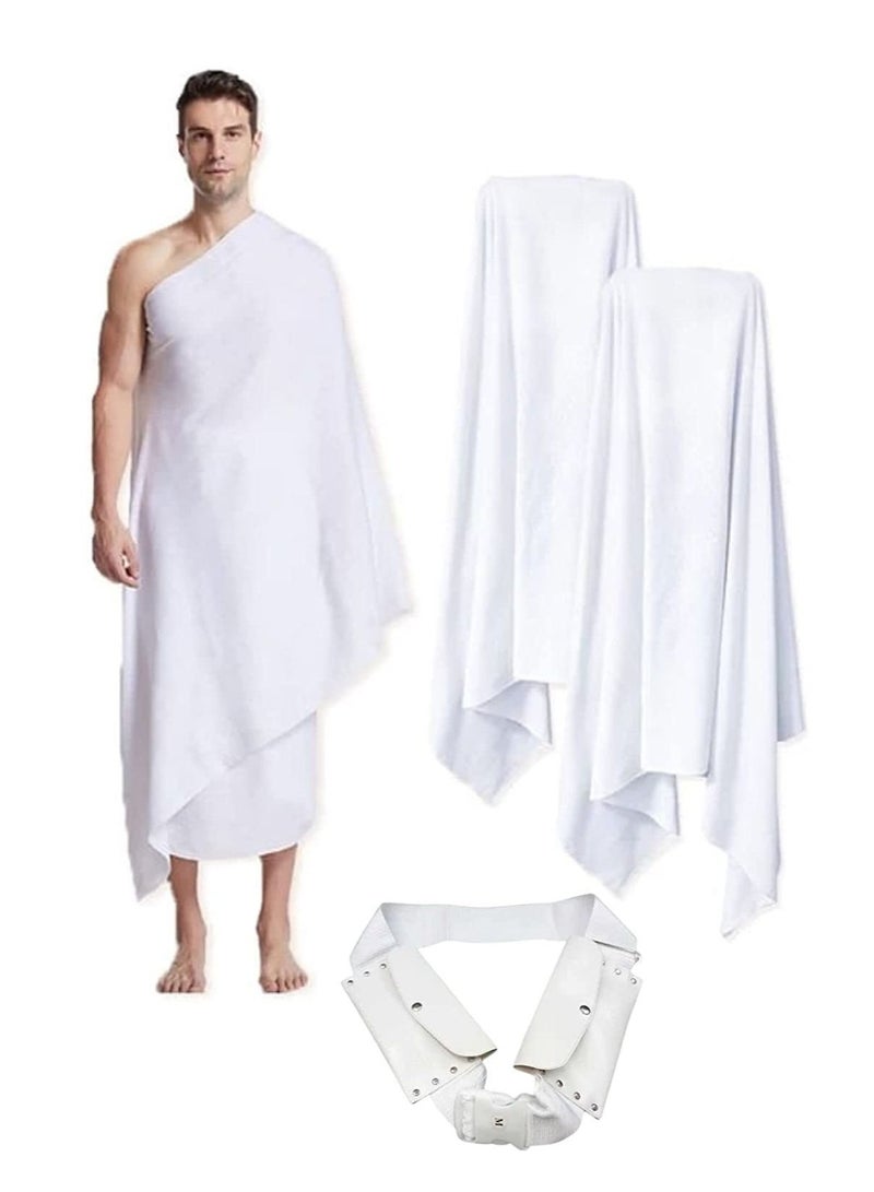 Original Men's Hajj Umrah clothing Ahram 100% Cotton Super Soft 2 Pcs Towel Set.(top and Bottom) 43X83 inch New Dry Fast Microfiber Woven Technology WEIGHT 1000 GRAMS. Ahrams Waterproof Belt