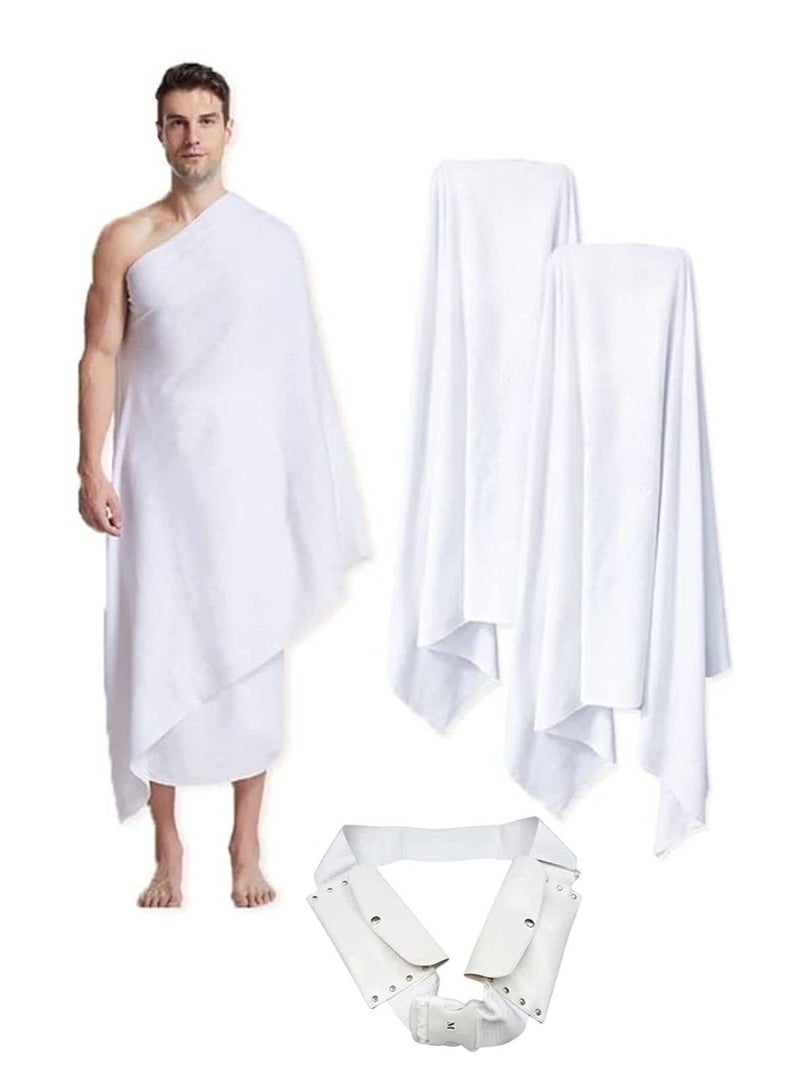 Original Men's Hajj Umrah clothing Ahram 100% Cotton Super Soft 2 Pcs Towel Set.(top and Bottom) 42X82 inch New Dry Fast Microfiber Woven Technology. Ahrams Waterproof Belt 1000 grams