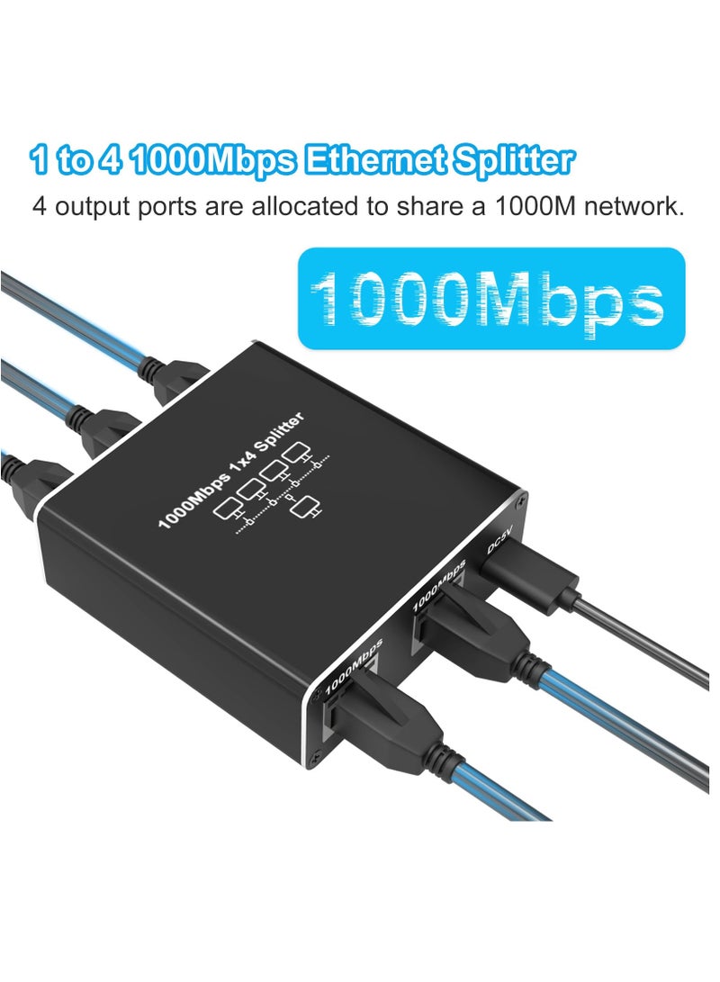 Ethernet Splitter High Speed, 1000Mbps Ethernet Splitter 1 to 4 (4 Devices Simultaneous Networking) Gigabit Ethernet Splitter RJ45 Splitter with USB Power Cable, LAN Splitter for Cat5/5e/6/7/8 Cable