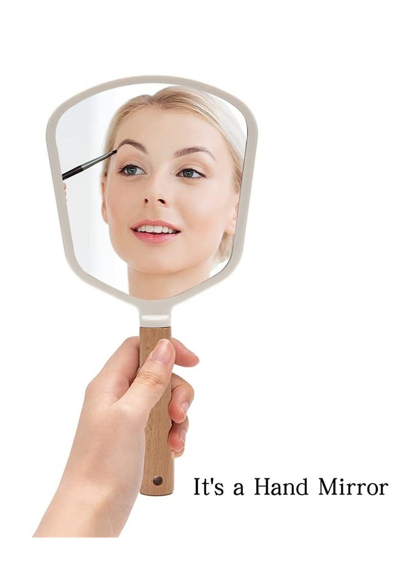 Hand Held Mirror with Handle for Makeup, Small Cute Wood Hand Mirror for Shaving with Hole, Hanging Single-Sided Portable Travel Vanity Mirror for Men&Women, Fanshape, 1 Pcs