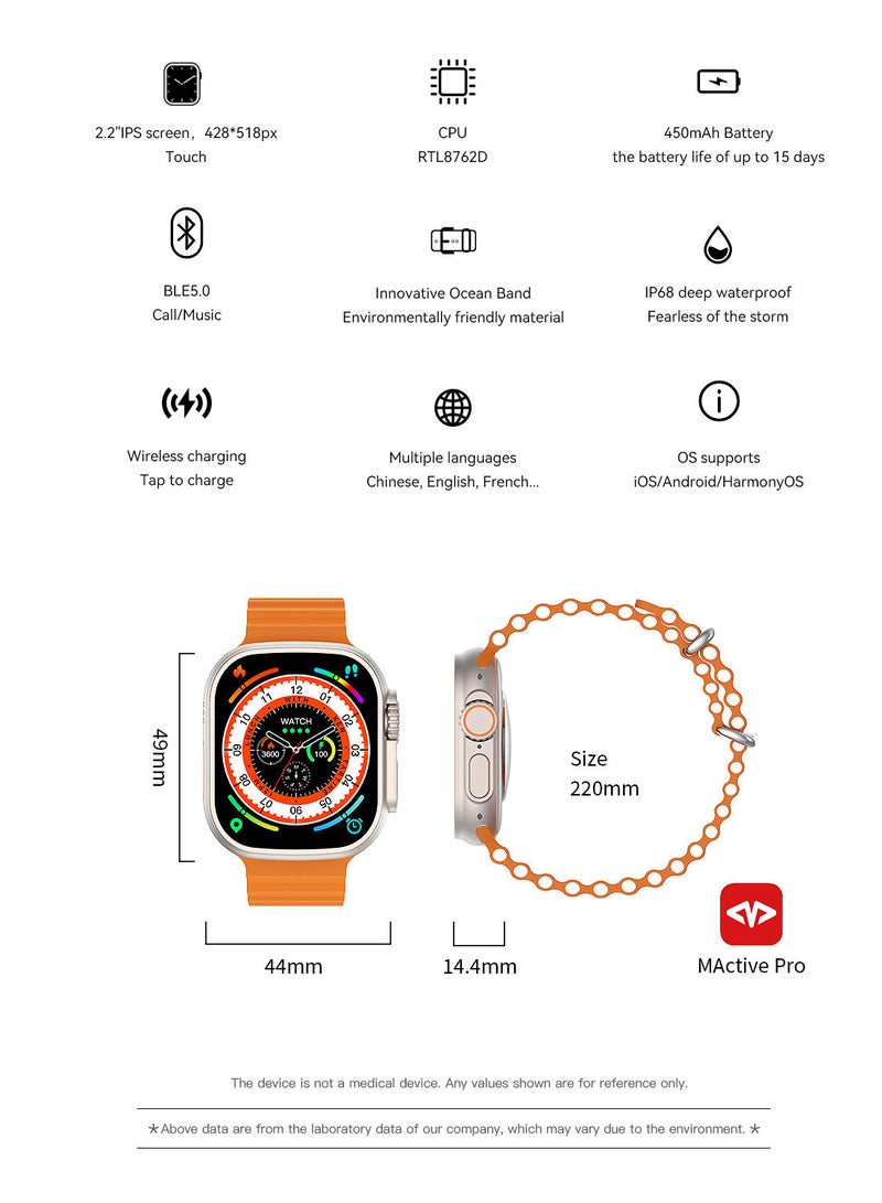 W68 Plus Ultra Watch 2.2 Inch Big Screen Display 390mAh Long Battery NFC IP68 Waterproof Bluetooth Ocean Band Smart Watch