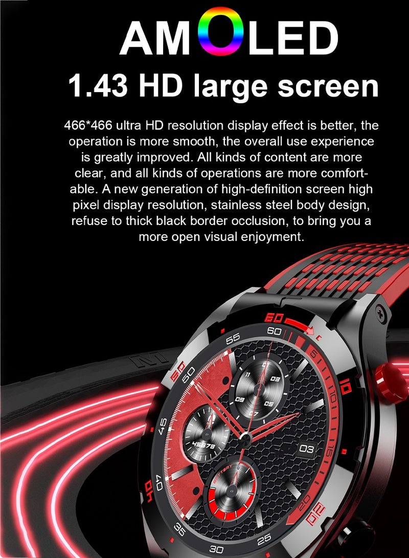 Large screen smartwatch AMOLED 1.43 Heart rate monitors and sleep monitors are iPhone assistants for robots and artificial intelligence. Smart Watch Red Bar