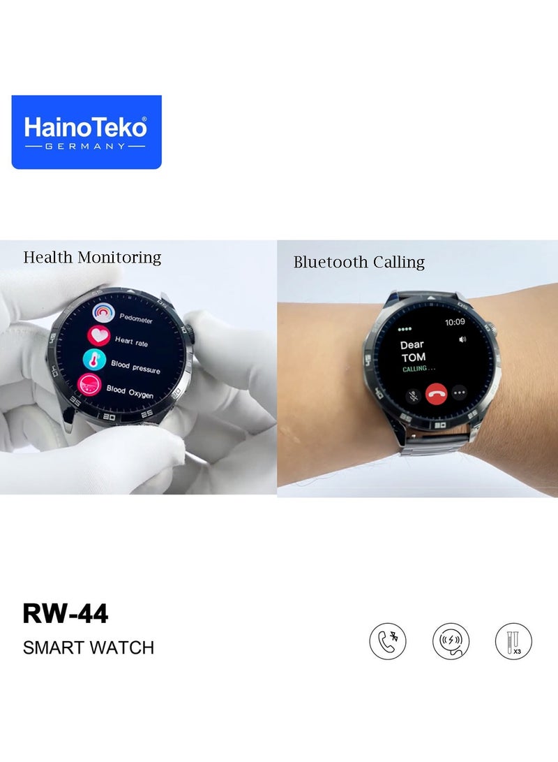 Haino Teko RW44 Round Screen AMOLED Display Smart Watch With 3 Pair Straps and Wireless Charger For Gents and Boys