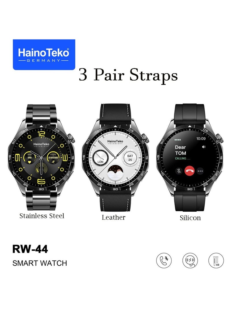 Haino Teko RW44 Round Screen AMOLED Display Smart Watch With 3 Pair Straps and Wireless Charger For Gents and Boys