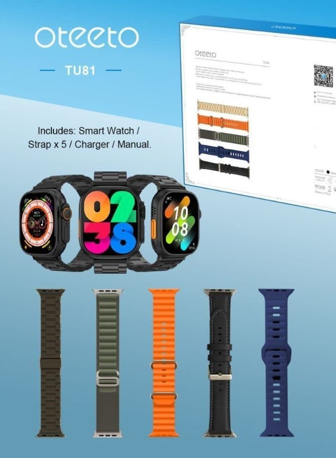 Experience Ultimate Connectivity with the Oteeto TU81 2.1-Inch AMOLED Ultra Smartwatch - 5 Straps, Chain, and Bands Included!