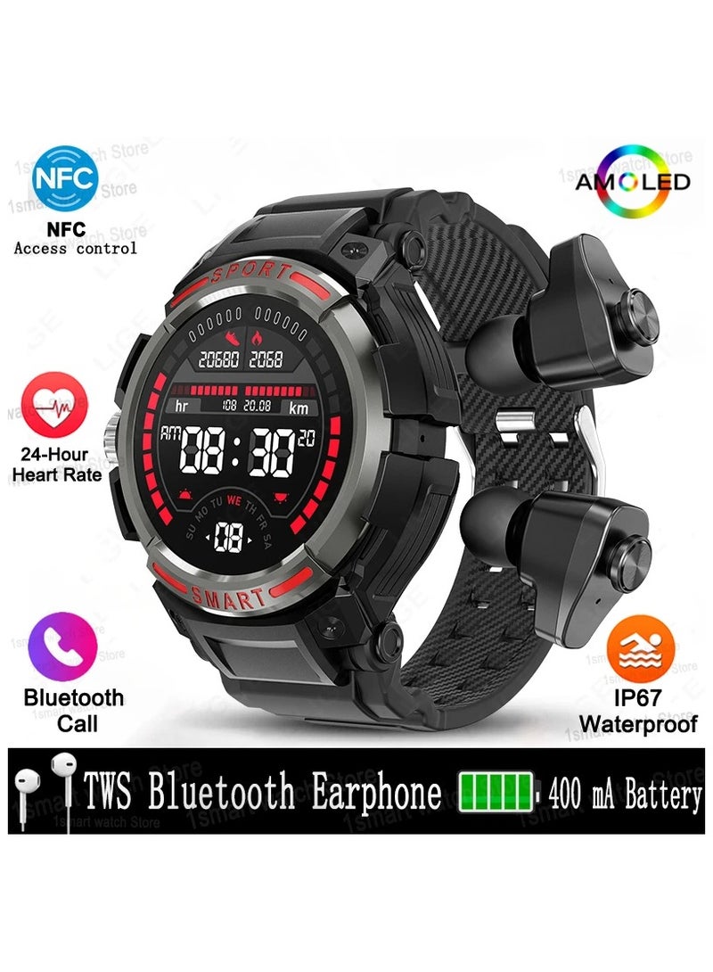 Smart Watch Men TWS Bluetooth Earphone Waterproof AMOLED HD Screen Smartwatch with Speaker Music Tracker Sports Watch