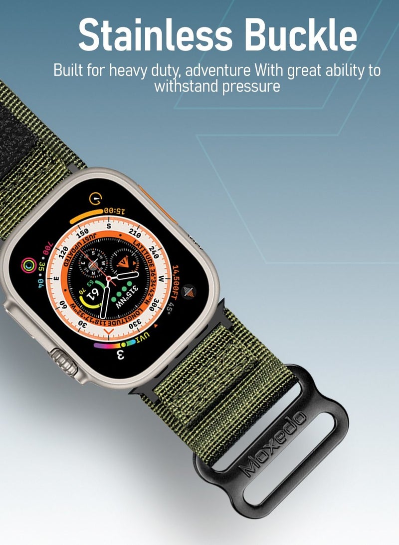 Moxedo MX23 Rugged Strap Breathable Nylon Braided Sports Band Compatible with Apple Watch Band Series 8/7/6/5/4/3/2/1/SE Ultra Woven Loop Design for 44mm/45mm/49mm UAE Edition - Military Color