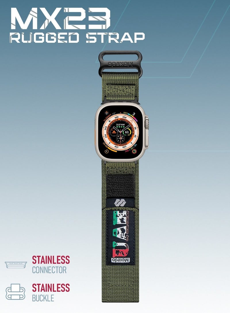Moxedo MX23 Rugged Strap Breathable Nylon Braided Sports Band Compatible with Apple Watch Band Series 8/7/6/5/4/3/2/1/SE Ultra Woven Loop Design for 44mm/45mm/49mm UAE Edition - Military Color