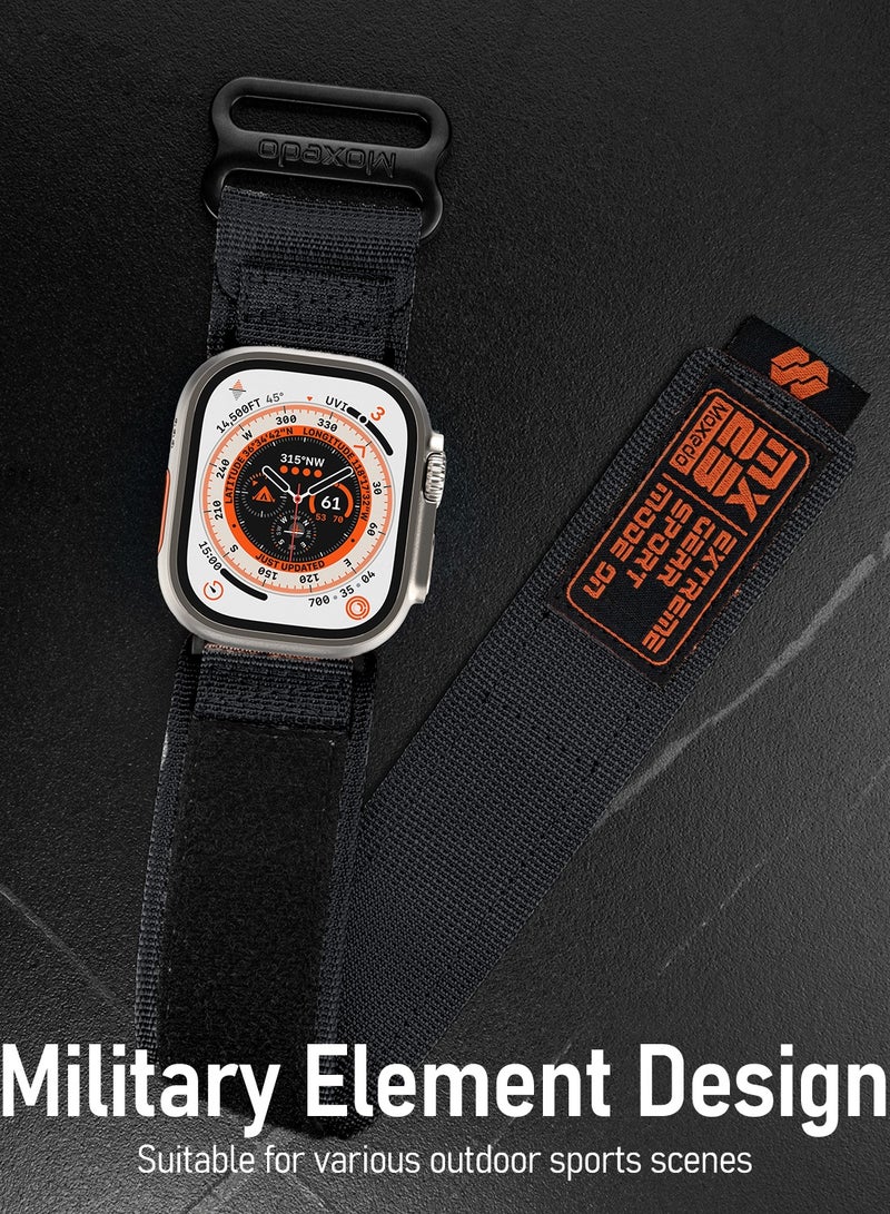 Moxedo MX23 Rugged Strap Breathable Nylon Braided Sports Band Compatible with Apple Watch Band Series 8/7/6/5/4/3/2/1/SE Ultra Woven Loop Design for 44mm/45mm/49mm - Black