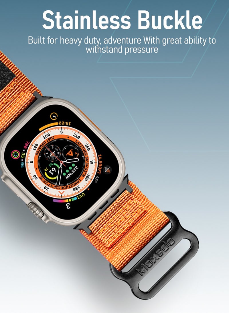 Moxedo MX23 Rugged Strap Breathable Nylon Braided Sports Band Compatible with Apple Watch Band Series 8/7/6/5/4/3/2/1/SE Ultra Woven Loop Design for 44mm/45mm/49mm - Orange