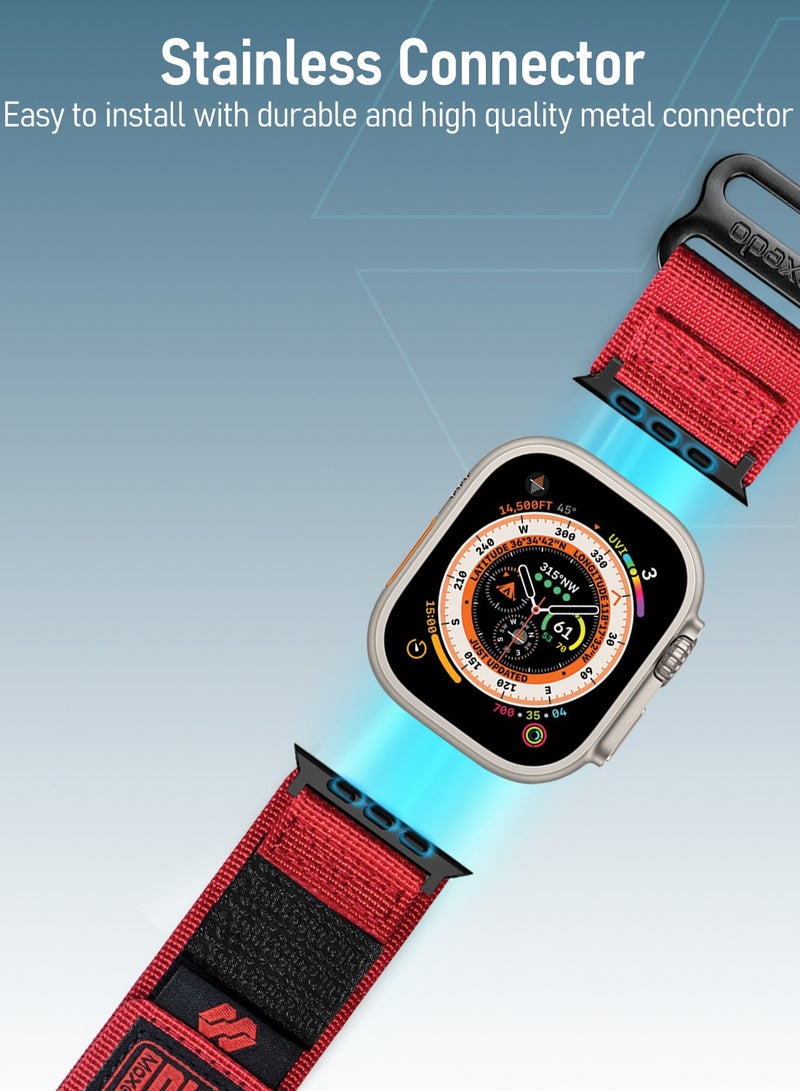 Moxedo MX23 Rugged Strap Breathable Nylon Braided Sports Band Compatible with Apple Watch Band Series 8/7/6/5/4/3/2/1/SE Ultra Woven Loop Design for 44mm/45mm/49mm - Red
