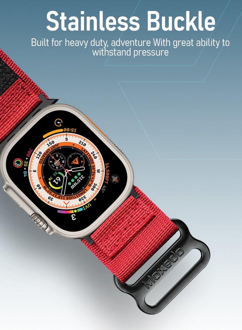 Moxedo MX23 Rugged Strap Breathable Nylon Braided Sports Band Compatible with Apple Watch Band Series 8/7/6/5/4/3/2/1/SE Ultra Woven Loop Design for 44mm/45mm/49mm - Red