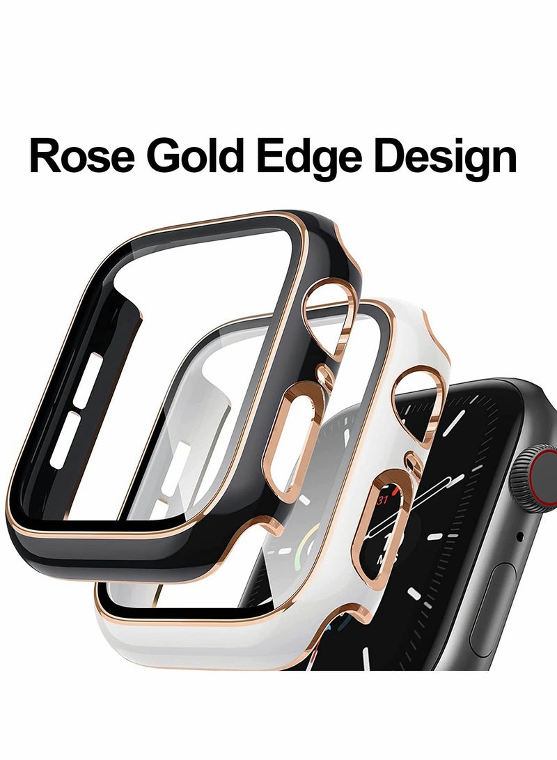 Cases Compatible with Apple Watch Series 7 41mm, 2Pcs with Tempered Glass Screen Protector Electroplated Rose Gold Edge Slim Case Cover for Women Men(Black/White)