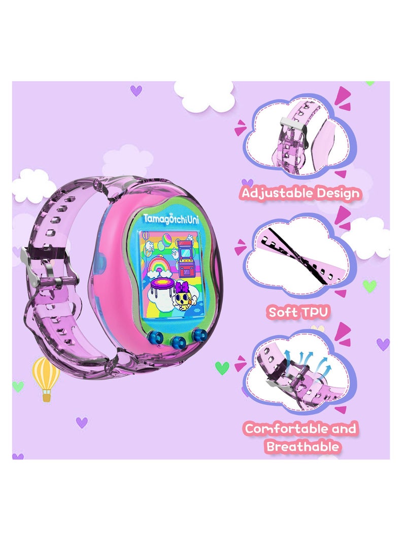 Wristband for Tamagotchi Uni, 2Pack TPU Bracelet Holder Compatible with Tamagotchi Uni, Adjustable TPU Protective for Tamagotchi Uni Case for Kids, Teen, Adults, Purple and Pink