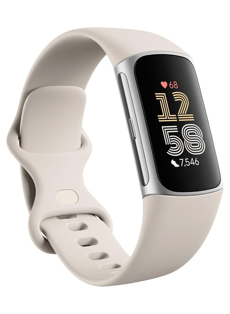 Charge 6 Fitness Tracker with Google apps, Heart Rate on Exercise Equipment, GPS, Health Tools and More, Porcelain/Silver, One Size (S & L Bands Included)