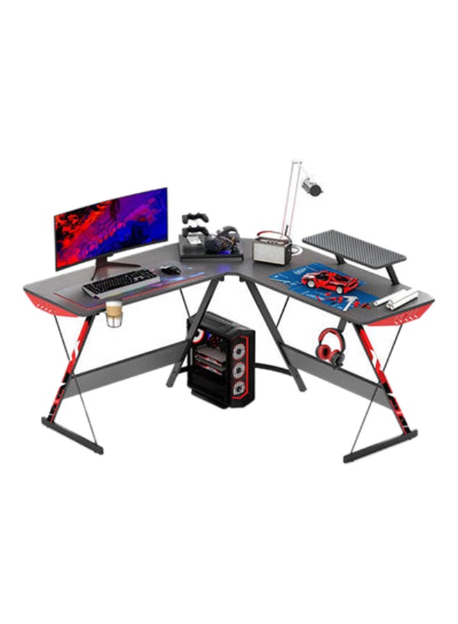 L Shaped Gaming Desk 130Cm L Shaped Desk, Carbon Fiber Coated, Computer Corner Desk With Large Monitor Riser Stand For Home Office, Sturdy Writing Workstation, Gaming Desk With Shelf, Black 50.4cm