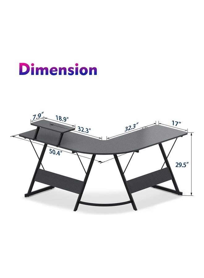 L Shaped Gaming Desk 130Cm L Shaped Desk, Carbon Fiber Coated, Computer Corner Desk With Large Monitor Riser Stand For Home Office, Sturdy Writing Workstation, Gaming Desk With Shelf, Black 50.4cm