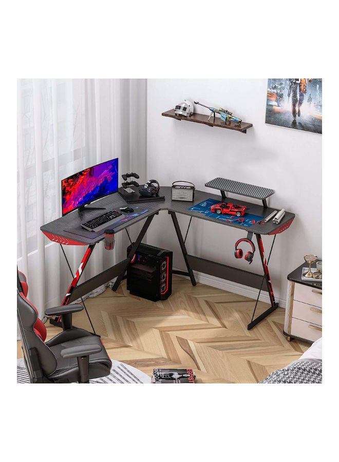 L Shaped Gaming Desk 130Cm L Shaped Desk, Carbon Fiber Coated, Computer Corner Desk With Large Monitor Riser Stand For Home Office, Sturdy Writing Workstation, Gaming Desk With Shelf, Black 50.4cm