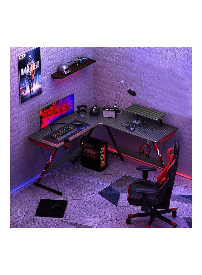 L Shaped Gaming Desk 130Cm L Shaped Desk, Carbon Fiber Coated, Computer Corner Desk With Large Monitor Riser Stand For Home Office, Sturdy Writing Workstation, Gaming Desk With Shelf, Black 50.4cm