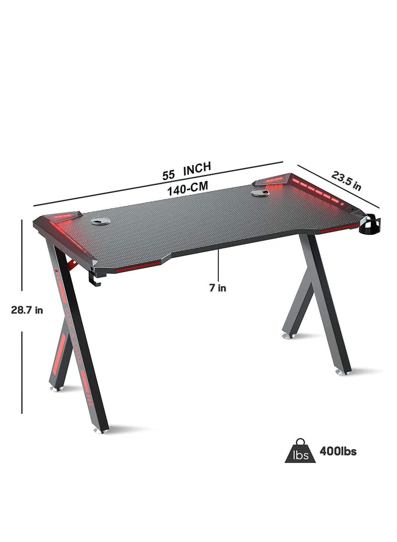 Master Gaming Desk With Remote RGB Lights PC Computer Gaming Table Y Modern Shaped Gamer Home Office Computer Desk Table With Handle Rack Cup Holder Headphone Hook Size 140x65x75 cm