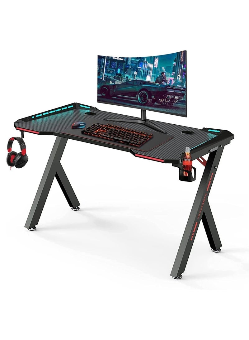 Master Gaming Desk With Remote RGB Lights PC Computer Gaming Table Y Modern Shaped Gamer Home Office Computer Desk Table With Handle Rack Cup Holder Headphone Hook Size 140x65x75 cm