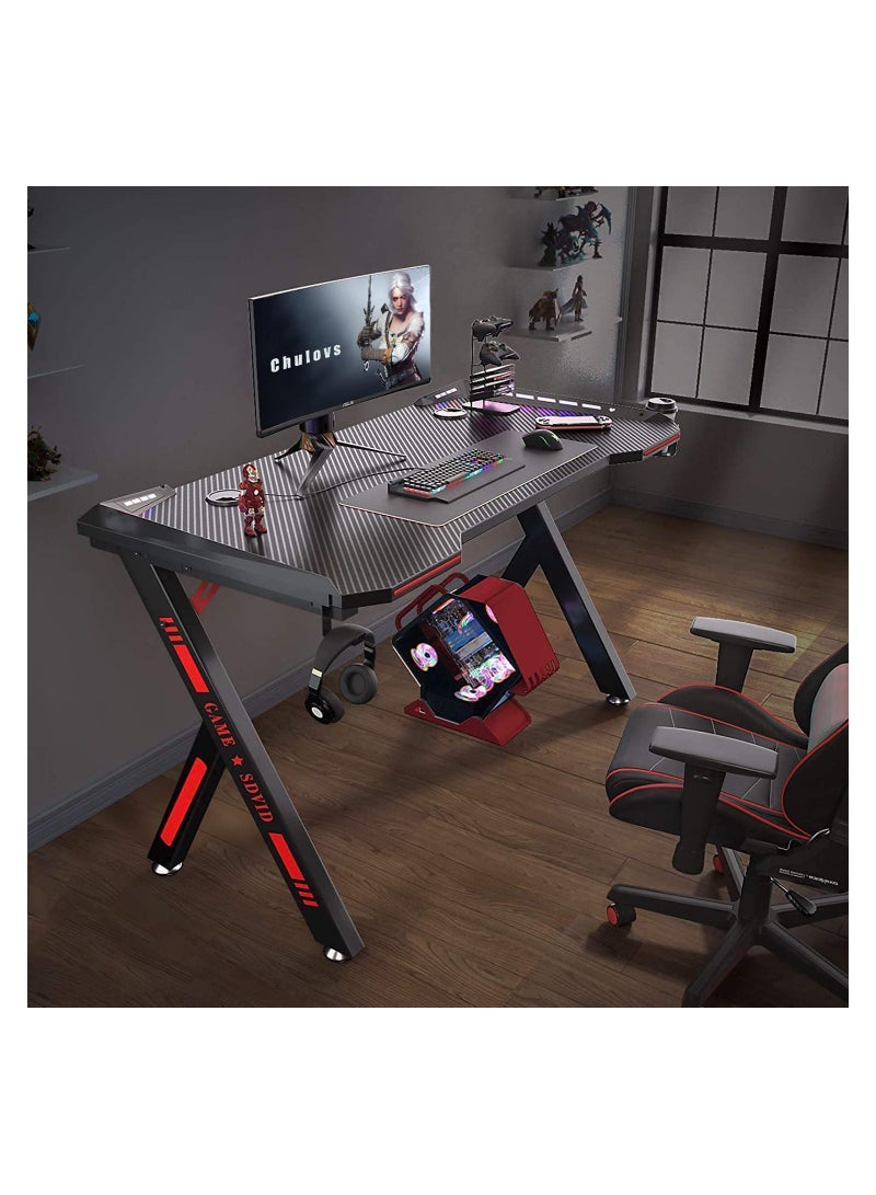 Master Gaming Desk With Remote RGB Lights PC Computer Gaming Table Y Modern Shaped Gamer Home Office Computer Desk Table With Handle Rack Cup Holder Headphone Hook Size 140x65x75 cm