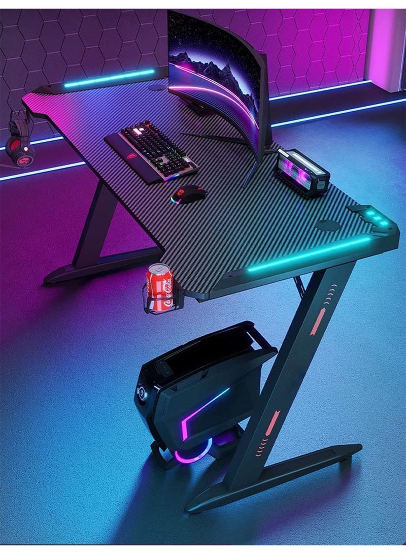 Ergonomic Gaming Desk with RGB LED Lights Computer Gamer Table with Carbon Fiber Desktop and Cup Holder & Headphone Hook