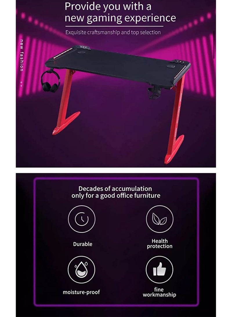 Ergonomic Gaming Desk with RGB LED Lights Computer Gamer Table with Carbon Fiber Desktop and Cup Holder & Headphone Hook