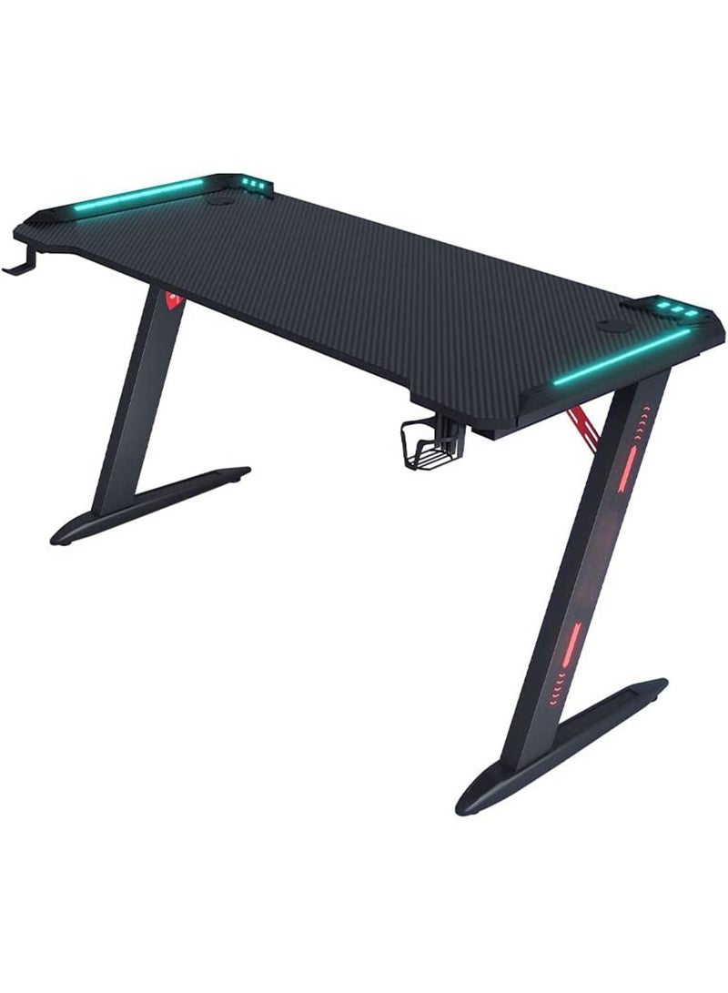 Ergonomic Gaming Desk with RGB LED Lights Computer Gamer Table with Carbon Fiber Desktop and Cup Holder & Headphone Hook