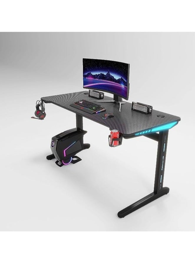 Gaming The Table Desk with LED Lights, 120cm PC Computer Desk, K Form Gaming Home and Office Computer Desk Desk with Handle Rack, Cup Holder, and Headphone Hook Black 120cm