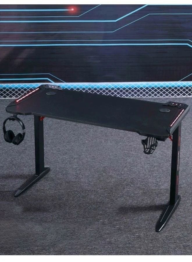 Gaming The Table Desk with LED Lights, 120cm PC Computer Desk, K Form Gaming Home and Office Computer Desk Desk with Handle Rack, Cup Holder, and Headphone Hook Black 120cm