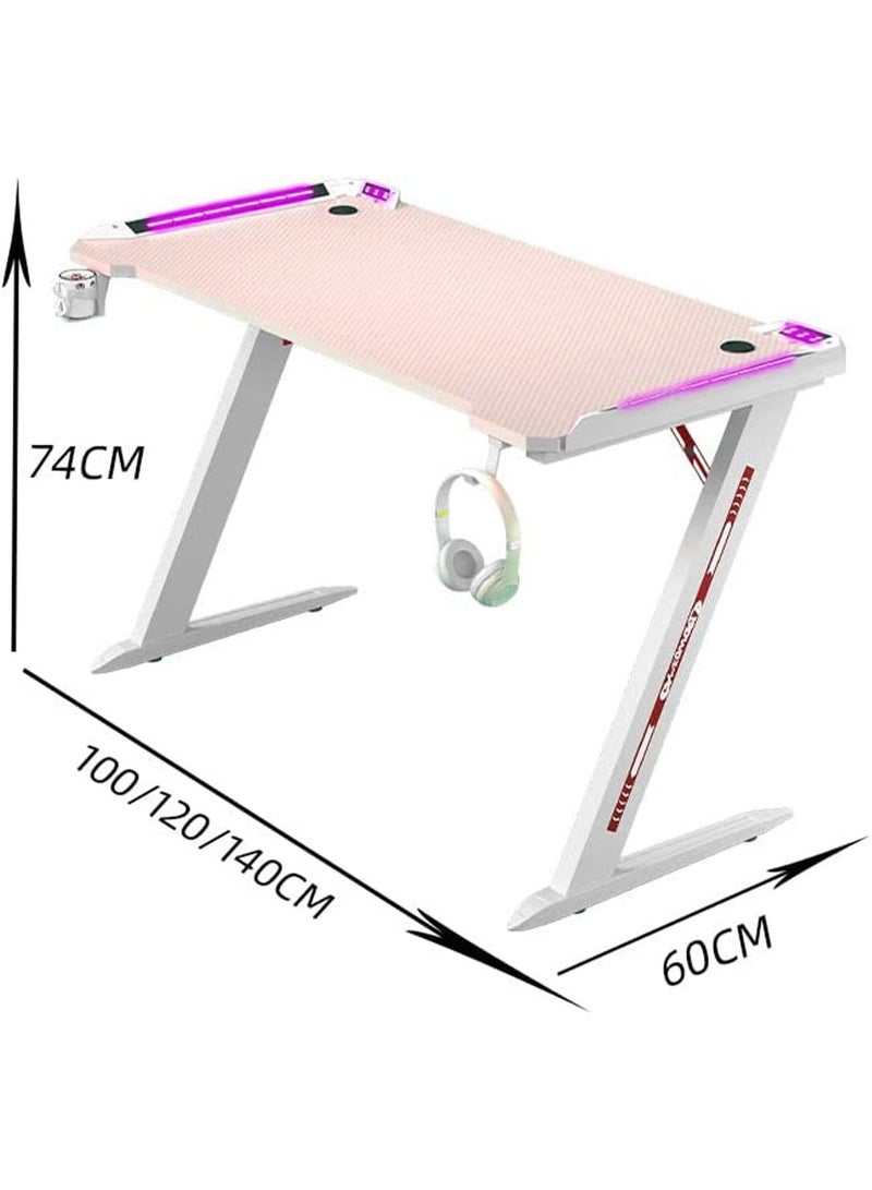 Ergonomic Gaming Desk with RGB LED Lights Computer Gamer Table with Carbon Fiber Desktop and Cup Holder & Headphone Hook