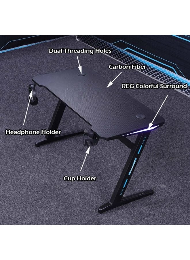 Karnak Z-Shaped  Master Gaming Desk with  RGB Lights, Carbon Fiber Surface Cup Rack and , Orthopedic Gaming Table Z Shaped Gamer Home Office Computer Desk Table with Handle Rack Cup Holder Headphone