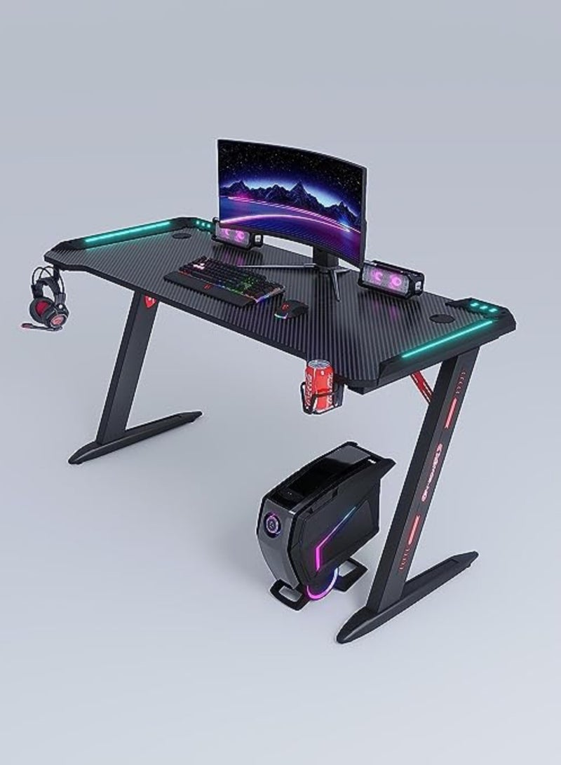 Karnak Z-Shaped  Master Gaming Desk with  RGB Lights, Carbon Fiber Surface Cup Rack and , Orthopedic Gaming Table Z Shaped Gamer Home Office Computer Desk Table with Handle Rack Cup Holder Headphone