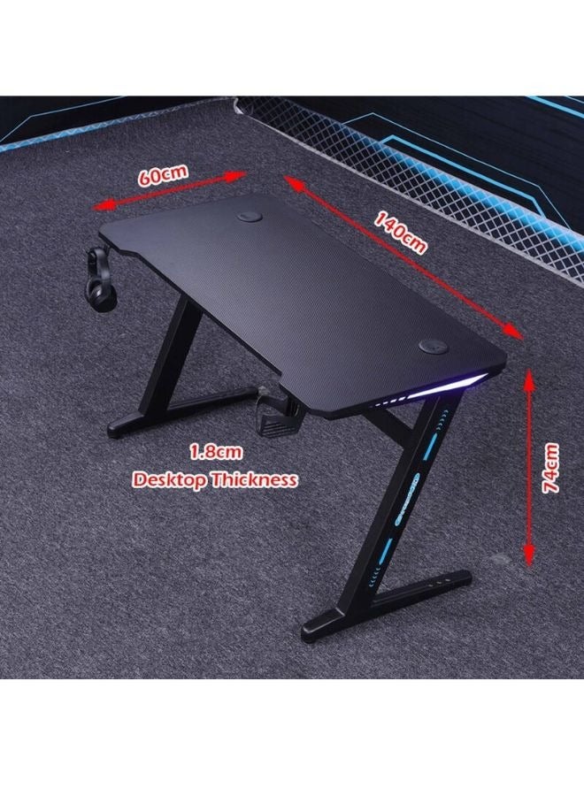 Karnak Z-Shaped  Master Gaming Desk with  RGB Lights, Carbon Fiber Surface Cup Rack and , Orthopedic Gaming Table Z Shaped Gamer Home Office Computer Desk Table with Handle Rack Cup Holder Headphone