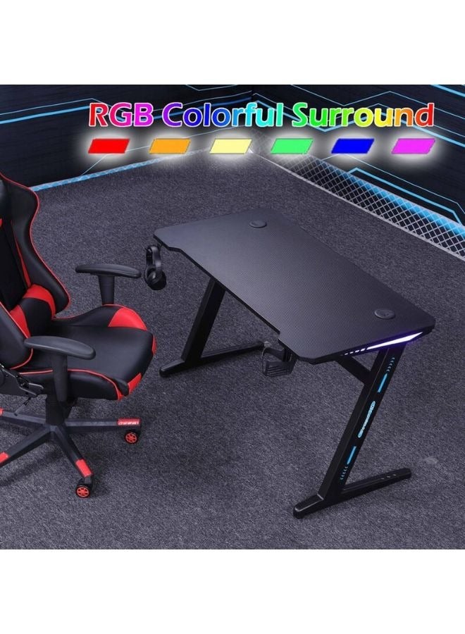 Karnak Z-Shaped  Master Gaming Desk with  RGB Lights, Carbon Fiber Surface Cup Rack and , Orthopedic Gaming Table Z Shaped Gamer Home Office Computer Desk Table with Handle Rack Cup Holder Headphone