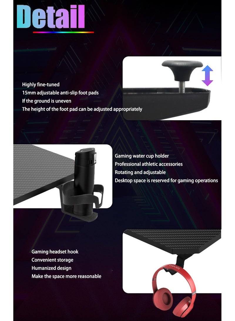 Home Office Desk Ergonomic Gaming Desk with RGB LED Lights Computer Gamer Table with Carbon Fiber Desktop and Cup Holder & Hedphone Hook (120cm x 60cm x 74cm)