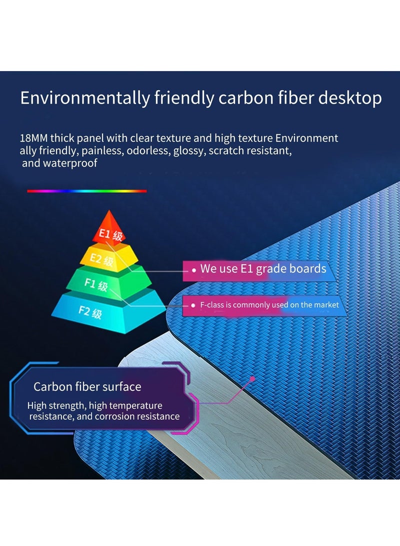 Home Office Desk Ergonomic Gaming Desk with RGB LED Lights Computer Gamer Table with Carbon Fiber Desktop and Cup Holder & Hedphone Hook (120cm x 60cm x 74cm)