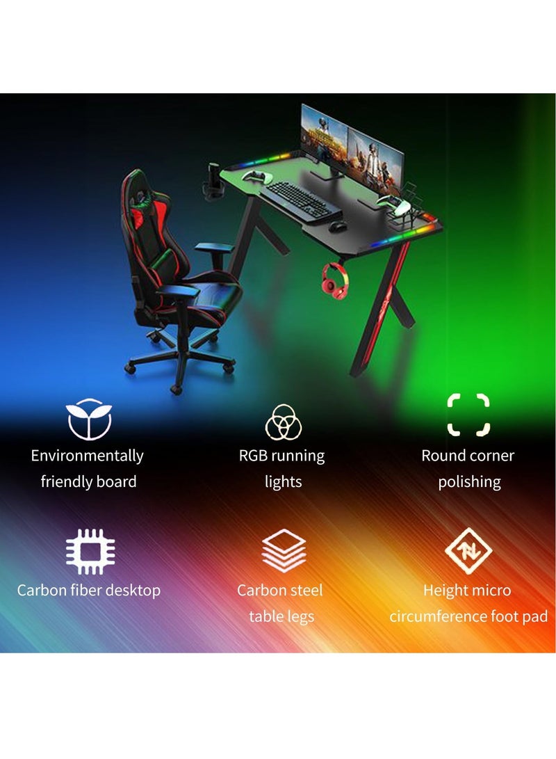 Home Office Desk Ergonomic Gaming Desk with RGB LED Lights Computer Gamer Table with Carbon Fiber Desktop and Cup Holder & Hedphone Hook (120cm x 60cm x 74cm)