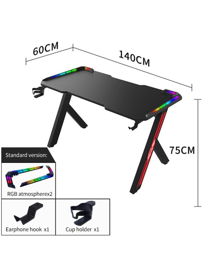 Home Office Desk Ergonomic Gaming Desk with RGB LED Lights Computer Gamer Table with Carbon Fiber Desktop and Cup Holder & Hedphone Hook (120cm x 60cm x 74cm)