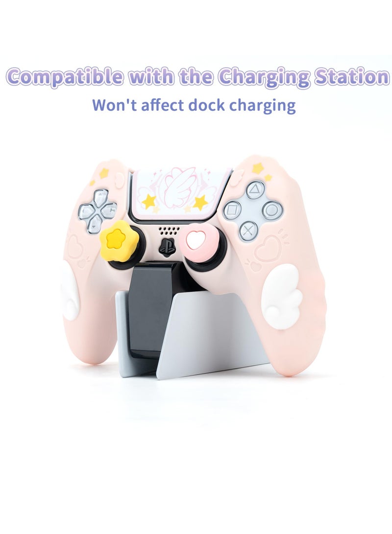 Controller Skin Compatible with PlayStation 5, Cute Star Wings Series Controller Silicone Case for PS5, Kawaii Anti Slip Silicone Controller Case with 2 Thumb Grip Caps and 2 Stickers (Pink)