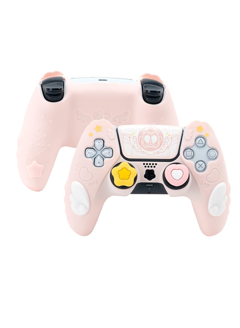 Controller Skin Compatible with PlayStation 5, Cute Star Wings Series Controller Silicone Case for PS5, Kawaii Anti Slip Silicone Controller Case with 2 Thumb Grip Caps and 2 Stickers (Pink)