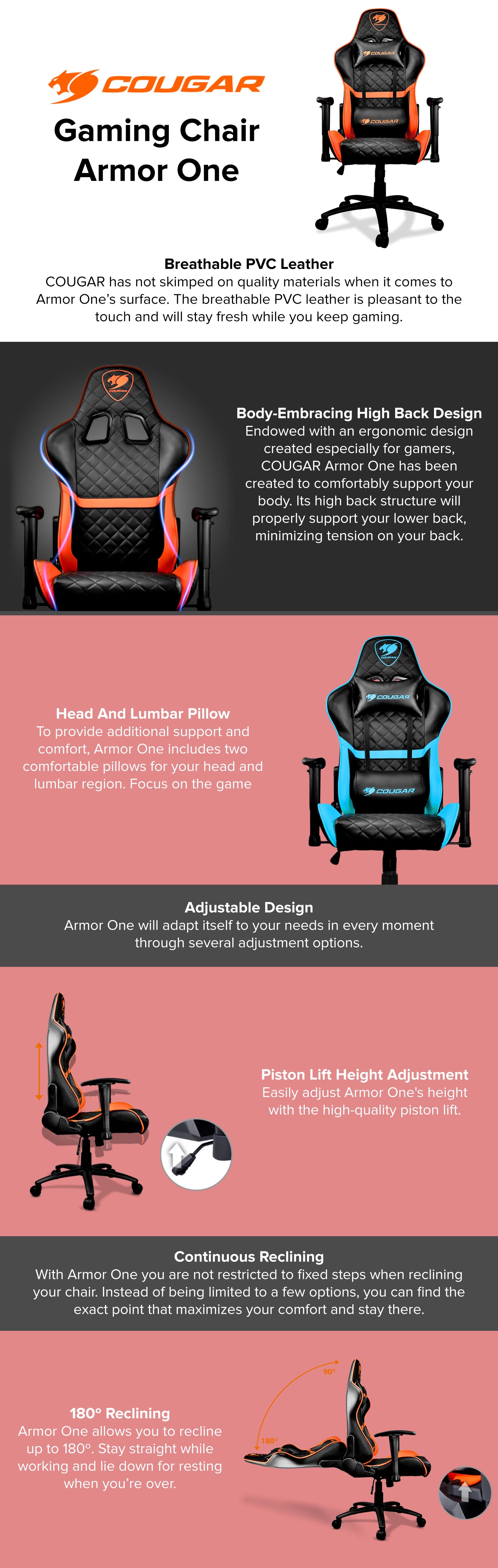 Cougar Gaming Chair Armor One, Steel-Frame, Breathable Pvc Leather, 180° Recliner System, 120Kg Weight Capacity, 2D Adjustable Arm-Rest, Steel 5-Star Base