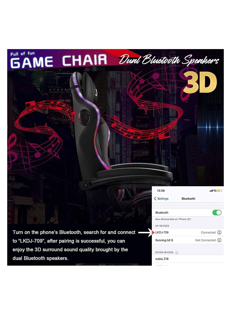 Gaming Chair LED Light Racing Ergonomic Office Lumbar Support and Adjustable Back Bench Bluetooth Speaker