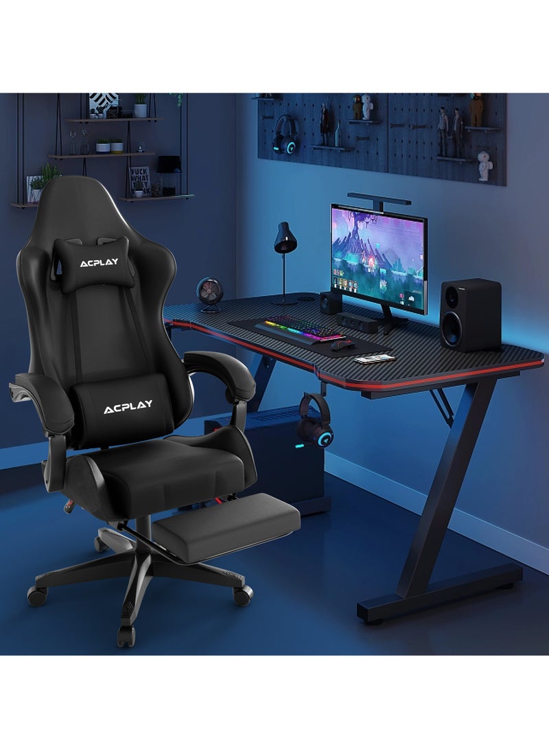 Gaming Chair with Retractable Footrest, Ergonomic Design, High Back, Reclining Function, Height adjustible, Neck and Lumbar Support, Silent Casters - Ideal for Racing, Office, and Computer Use Black